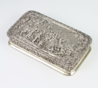A 19th Century Portuguese silver mounted rectangular box decorated with figures in an extensive landscape the sides with formal scrolling flowers 15cm x 9cm x 3cm, 684 grams