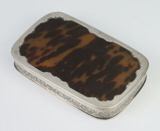 A 19th Century Dutch silver and tortoiseshell rounded rectangular box with engraved scroll decoration 14cm x 9cm, gross weight 178 grams 
