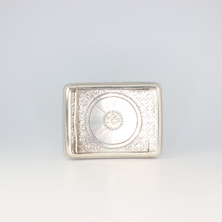 A George IV silver rounded rectangular snuff box with engraved motifs and monogram Birmingham 1820, 32 grams, 5cm x 4cm, maker Joseph Willmore 