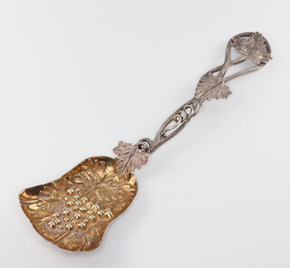 A Victorian silver caddy spoon with vinous handle and gilt vinous bowl, London 1854, 13cm, 14 grams 