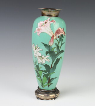 A Japanese cloisonne oviform vase decorated with flowers, having a silver collar and base 20cm 