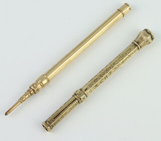 A gold plated S Mordan and Co propelling pencil with hardstone end, an engraved gilt ditto 