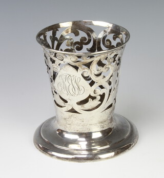 A Sterling silver pierced vase holder with engraved monogram 14cm, 240 grams 