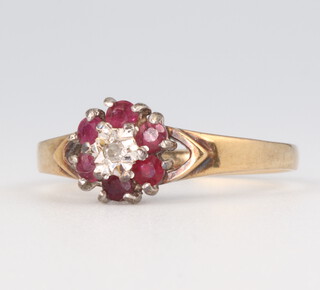 A 9ct yellow gold ruby and diamond cluster ring 1.6 grams, size K 1/2