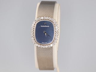 A lady's 18ct white gold Jaeger Lecoultre wristwatch with diamond bezel of 36 brilliant cut diamonds, each approx. 0.03ct, the back case numbered 1632722 1473124, 51.7 grams gross 