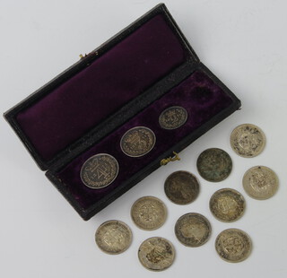 A Victorian part Maundy set comprising 1874 fourpenny, threepenny, tuppeny, lacking 1 penny and minor coins 
