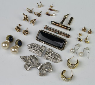 Three pairs of 9ct gold earrings (gross 7 grams), a bar brooch and minor costume jewellery