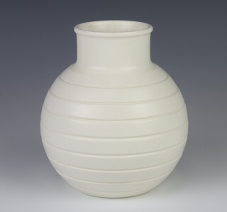 A Keith Murray Wedgwood white glazed ribbed baluster vase with printed mark 16cm 
