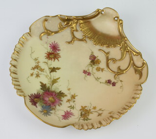 A Royal Worcester blush porcelain shell shaped dish decorated with flowers 1610 18cm, a heart shaped ditto 1792 17cm 