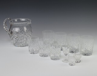A cut glass water jug 15cm, 4 large tumblers, 3 small tumblers, a small sherry glass and 2 liqueurs 