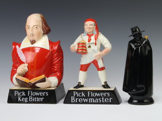 A Wade Sandeman port decanter with stopper 21cm, a Carlton Ware Pick Flowers Brewmaster bar figure 2513 25cm and a ditto Pick Flowers Keg Bitter Shakespeare bar figure 2614 22cm 