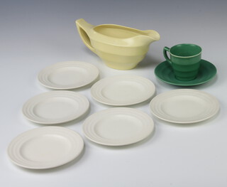 Six Wedgwood moonstone dishes 13cm, a ditto tea cup and saucer (matt green), a Wedgwood matt straw sauceboat 