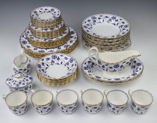 A Spode Blue Colonel tea and dinner service comprising 6 tea cups (1 a/f), 7 saucers (1 a/f), milk jug, sugar bowl, 7 small plates, 7 medium plates, 6 large plates, sauce boat (a/f), 6 dessert bowls, 6 soup bowls, 2 oval dishes and a sandwich plate 