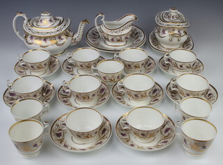 A 19th Century Worcester part tea set with burgundy and gilt vinous decoration comprising teapot (a/f) and lid, 9 tea cups, 6 coffee cups (2 a/f), a sucrier and cover (a/f), a rounded rectangular dish, 2 shallow dishes (1 a/f) and 10 saucers together with a milk jug  