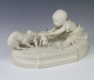 A Victorian Parian group of a baby and dog "Tug of War" 30cm 