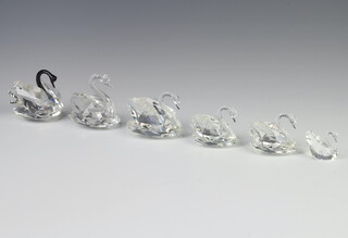 Six Swarovski Crystal swans 3cm, 5cm, 5cm, 6cm, 7cm and 6cm 