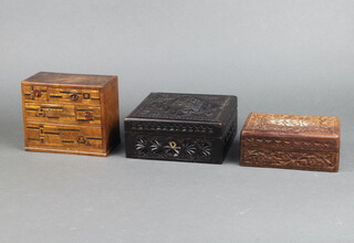 A Chinese marquetry trinket box in the form of a chest fitted 5 drawers 12cm h x 14cm w x 8cm d (some handles missing) together with 2 Indian carved hardwood trinket boxes with hinged lids