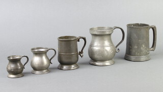 A Victorian pewter pint tankard marked 1826, a Victorian baluster shaped pint tankard, ditto half pint (base dented) and 2 baluster measures