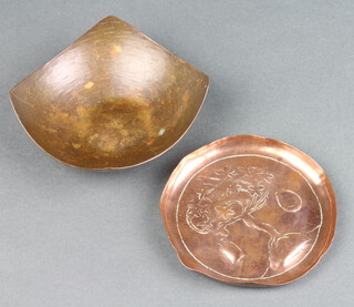 A circular Keswick style embossed copper dish decorated trees with bird 10cm and  a square shaped copper dish 10cm 
