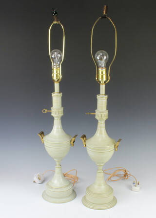 A pair of grey and gilt painted table lamps in the form of twin handled urns 43cm h x 16cm 