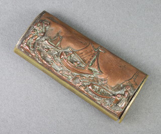 A Victorian rounded rectangular copper and brass vesta case decorated fishing boat and fisher folk 7cm x 3cm x 1.5cm  