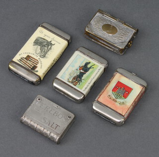 A steel combined stamp and vesta case in the form of a book 5cm x 3cm x 1cm, an advertising vesta case for Cerebos Table Salt in the form of a book 4cm x 3cm x 1cm (some contact marks), a vesta case decorated the arms of Eyr and a print of  a building 6cm x 3cm x 1cm (rubbed), an advertising ditto for G&J Maclachlan Brewers and Distillers 6cm x 3cm x 1cm and 1 other The Peat Moss Litter Supply Company Ltd. 