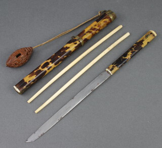 A 19th/20th Century Chinese 3 piece travelling eating set comprising knife and pair of bone chopsticks, contained in a tortoiseshell and bamboo case with carved Netsuke  