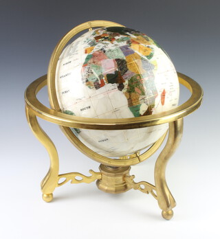 Franklin Mint, a large terrestrial globe with semi precious hardstones mounted in a gilt metal stand 50cm h x 47cm 