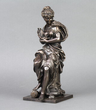 After Emile Bruchon, a 19th Century style bronze figure of a seated lady with bird raised on a square base 29cm h x 10cm w x 11cm d 
