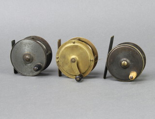 A 19th Century centrepin fishing reel 2 1/2" with chrome winder together with 2 other fishing reels 