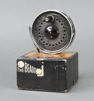 A J W Young "Beaudex" 3 1/2" trout fishing reel with fitted double line guard boxed and with instructions 