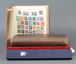 A red Century album of used world stamps including GB George VI and later, France, Germany, Denmark, Belgium, a Premier Global stamp album of used world stamps - Japan, India, Germany, France etc, an album of Eire mint and used stamps George V and later together with a stock book