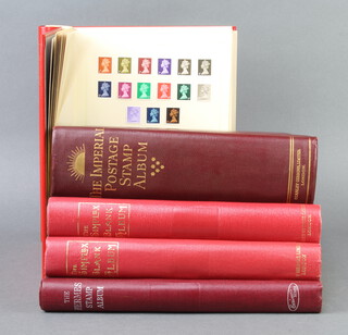 A Stanley Gibbons red Imperial postage stamp album of GB and Empire used stamps Victoria to George V, 3 Simplex albums of GB and Commonwealth mint and used stamps George V to Elizabeth II, a Hermes album of Commonwealth and French stamps 
