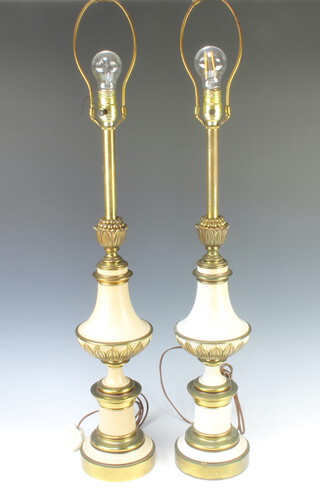 A pair of gilt metal and white painted club shaped table lamps of urn form, raised on circular bases 69cm h x 16cm diam