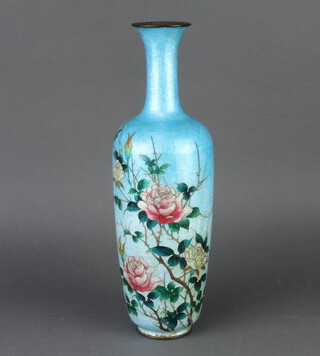 A light blue ground ginbari club shaped vase with rose decoration 39cm x 7cm diam. 
