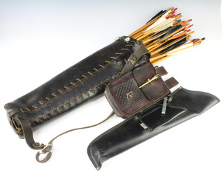 A leather quiver containing 41 various wooden arrows, a leather pouch and 1 other pouch 