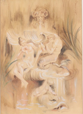 Napier, watercolour signed, study of nymphs before a fountain 35cm x 25cm 