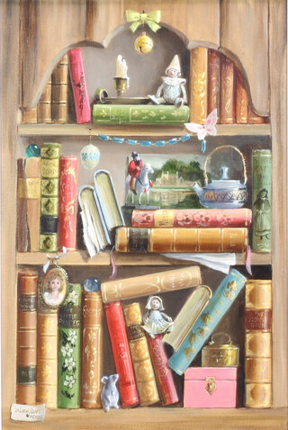 Deborah Jones 1921-2012, oil on canvas "The Small Crowded Bookshelves" 60cm x 40cm 