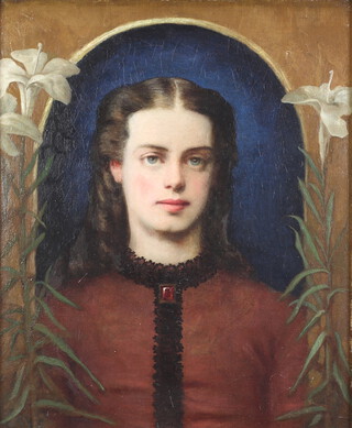 Pre-raphaelite oil on canvas unsigned, study of a young lady wearing a ruby brooch within an archway and with lilies to the border, the canvas relined, 54.5cm x 45cm  