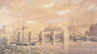 19th Century watercolour, Continental riverscape with distant town, unsigned 34cm x 60cm 