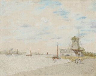 Early 20th Century silkwork embroidery of a Dutch canal scene with figures and windmill 43cm x 54cm 
