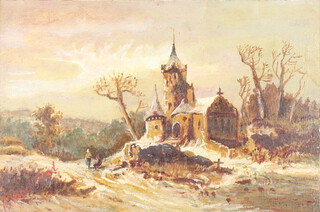 Victorian oil on panel indistinctly signed, a winter scene with figures before a church 15cm x 23cm 