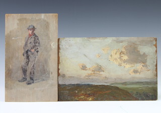 19th Century oil on board unsigned, extensive coastal landscape, inscribed on verso September 1893 at Conway by Sir Cuthbert Grundy, unframed 24cm x 15.5cm together with a ditto of a boy inscribed on verso, unframed 21cm x 13cm 