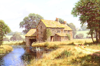 **Edward Hersey born 1948, oil on canvas signed, rural scene with farm building and stream, chickens, swans and house, distant church 40cm x 60cm 