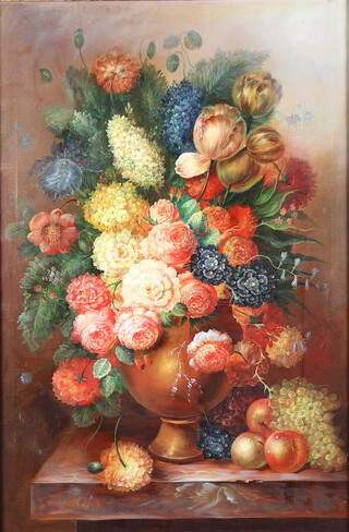 20th Century oil on canvas, Dutch still life with flowers in an urn on a marble plinth 90cm x 59cm  
