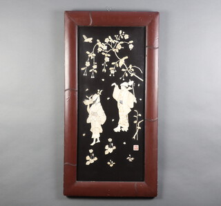 Early 20th Century Japanese lacquered panel, the bone decoration with figures beneath a tree, signed, contained in a red lacquered frame 89cm x 39cm 