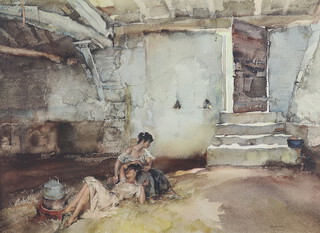 Sir William Russell Flint (1880-1969), coloured print signed in pencil, "Retreat From the Sun" two ladies in a Spanish interior, with blind proof stamp  48cm x 61cm 