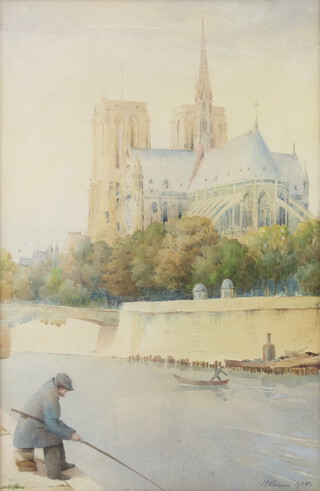J C Robinson 1928, watercolours signed and dated, "Notre Dame" 32cm by 21cm and "Warwick Castle" 22cm by 12cm