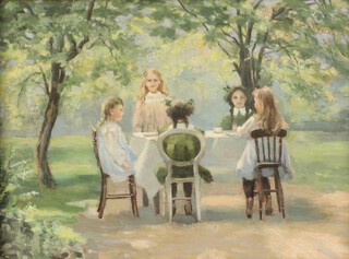 Edwardian, oil, on canvas, unsigned, children in a garden having a tea party, 31cm by 41cm
