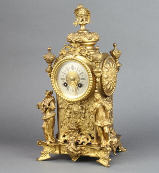 Lenzkirch, a 19th Century Continental striking on bell mantel clock with silvered chapter ring and Roman numerals contained in a gilt metal case supported by figures complete with key and pendulum, the back plate marked Lenzkirch AUJ613099 complete with pendulum and key 40cm h x 18cm x 17cm d 